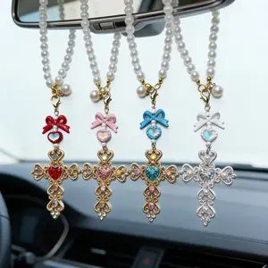 Shiny Diamond Cross Car Rearview Mirror Ornament, Goddess Style with Bowknot, Interior Hanging Decoration for Cars, Girly Car Accessories