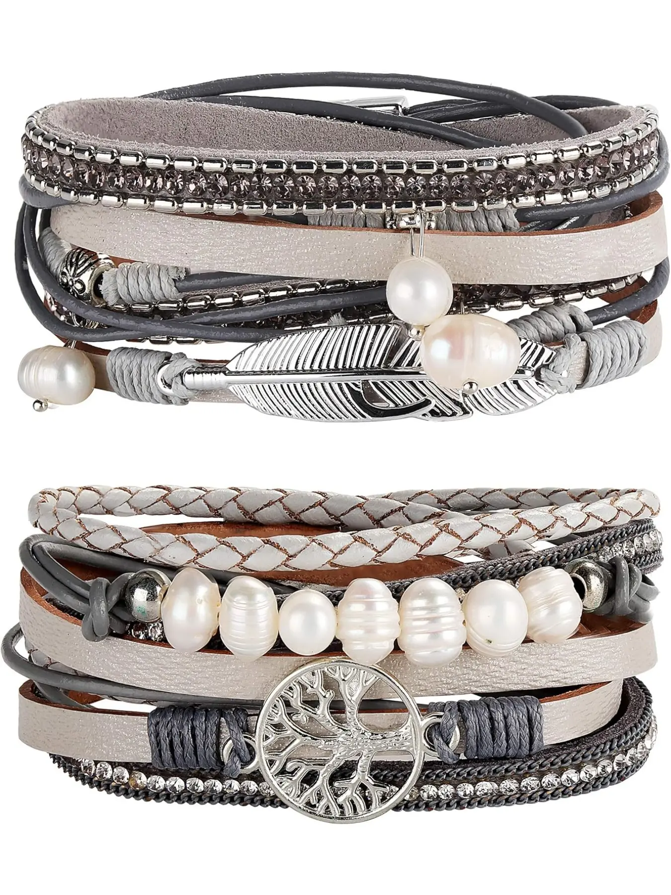 2Pcs Leather Wrap Cuff Bracelet Women Girls Multilayer Tree of Life Wristband Bracelet Magnetic Buckle, Boho Style Bracelet, Bangle Jewelry Bracelet Set for Mother Friends