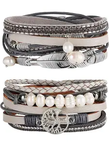 2Pcs Leather Wrap Cuff Bracelet Women Girls Multilayer Tree of Life Wristband Bracelet Magnetic Buckle Boho Bracelet Bangle Jewelry Bracelet Set for Mother Friends