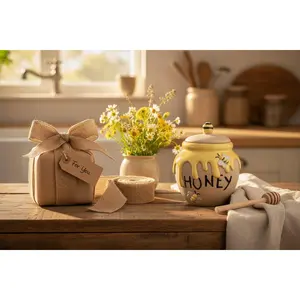 Set of 2 Glazed Ceramic Honey Jars – Farmhouse Spring Kitchen Décor