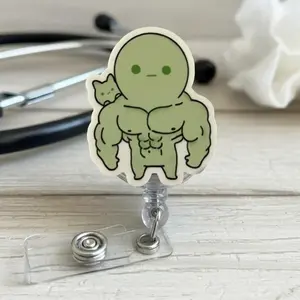 Cute Gym Smiski Retractable ID Badge Reel Kawaii ID Badge Holder Office Accessories Unique Gift for Doctor/ Nurse/ Teacher/ Heathcare Worker/ Coworker/ Nursing Students Durable Acrylic Retractable Cord Mechanism Easy Access