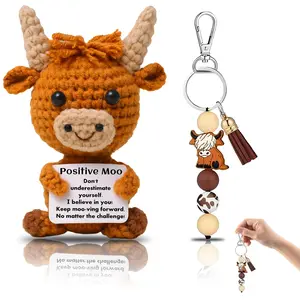 Highland Cow Gifts For Women With Handmade Keychain, Positive Crochet Animals With Positive Card, Mini Weighted Highland Cow Emotional Support Gift Pocket Hug New Job Gifts For Wome Friends Women Student