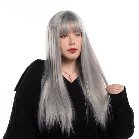 26-Inch Pastel Smoke Silver Straight Synthetic Wig | 【Heat Resistant】 【Cap Included】 | #42FSGA