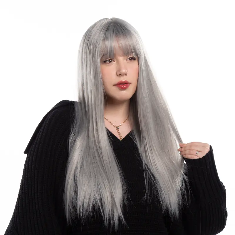 26-Inch Pastel Smoke Silver Straight Synthetic Wig | 【Heat Resistant】 【Cap Included】 | #42FSGA