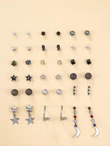 Women's Silver Color Star Moon Planet Earrings Set, 24 Pairs Y2K Cool Lightning Geometric Mixed Ear Studs, Elegant Layered Universe Jewelry