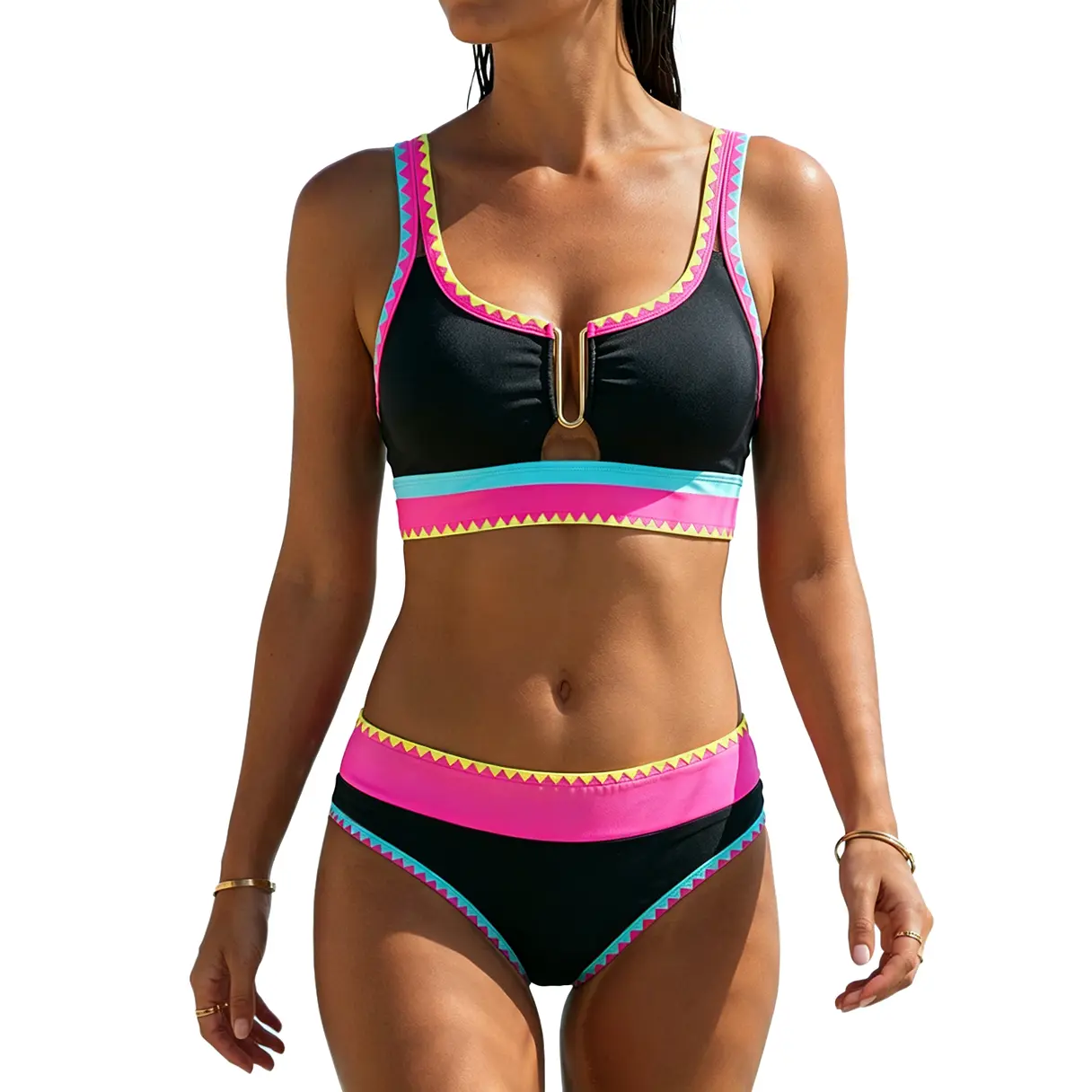 ETCYY Metal U-Hardware Two-Piece Bikini Set, Neon Color-Block U-Neck High-Waisted Swimsuit, Trendy Vibrant Beachwear, Chic Summer Bikini for Vacation, Pool, Beach #DealsForYouDays