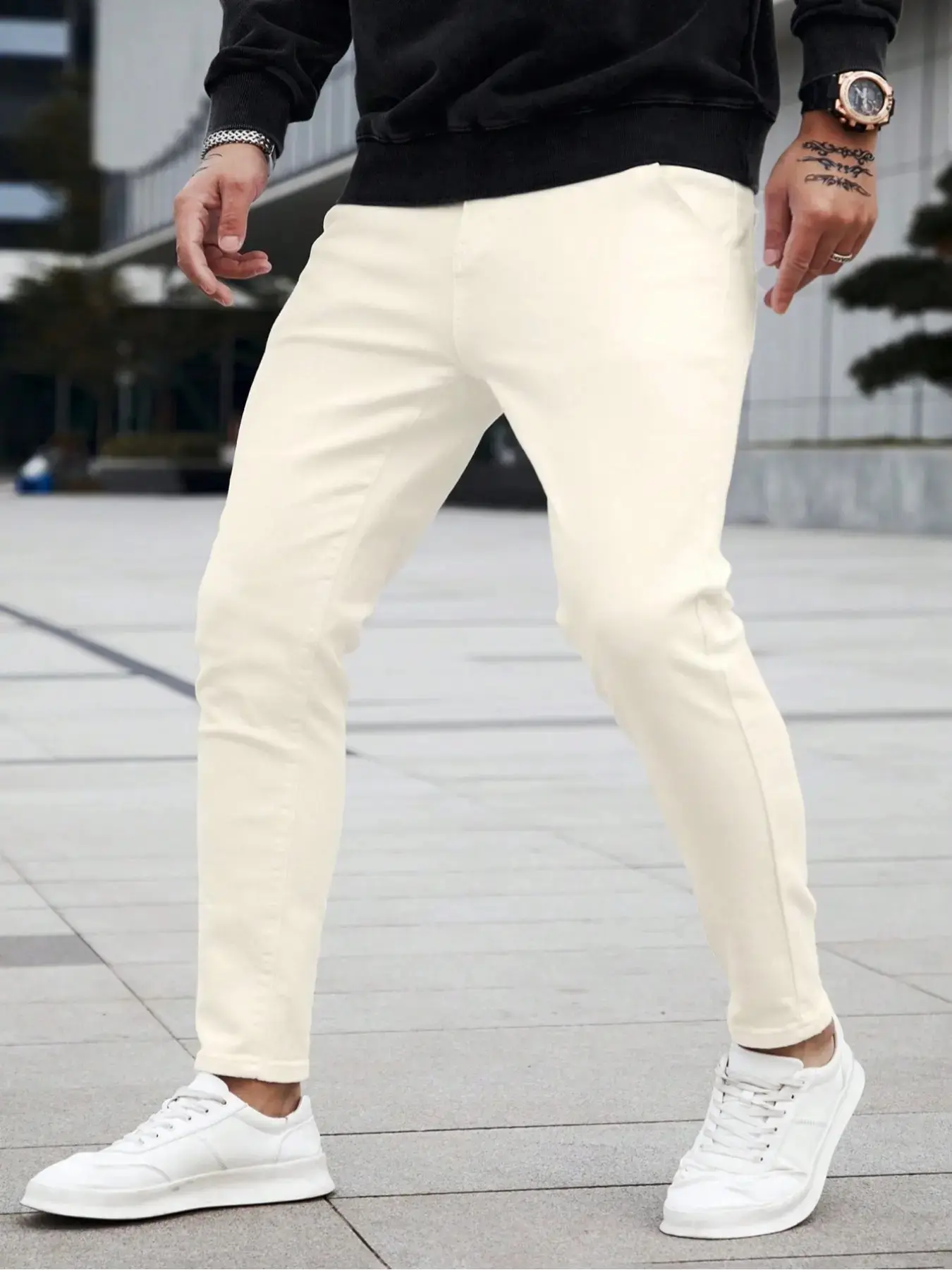 Men's Cream-colored Slim-fit Plain Denim Pants Fashion Casual Jeans Button Fly Closure, neat fit brimming with freshness, easily matching casual, commuting, Streetwear and other styles, Denim Clothing, Menswear