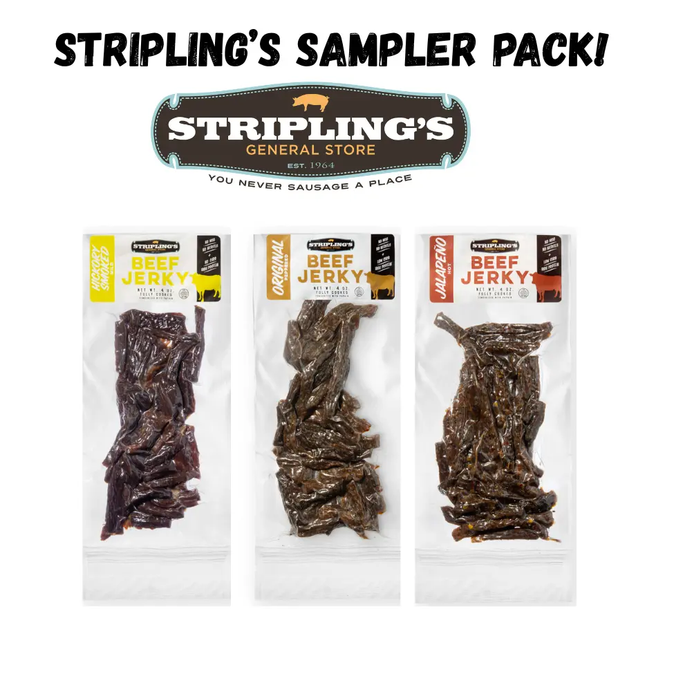 Stripling's Variety Pack - Hickory Smoked/Peppered/Jalapeño/Honey BBQ Beef Jerky - Family Owned Premium Beef Jerky Snack Packs - Made in the USA (3-Pack)