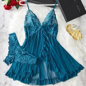 Ladies'SexyRuffleTrimCamiNightdress&BowDecorPantySet,PajamaSetsWomen,ComfortablePlayfulFloralLaceSeeThroughSleepwearSet