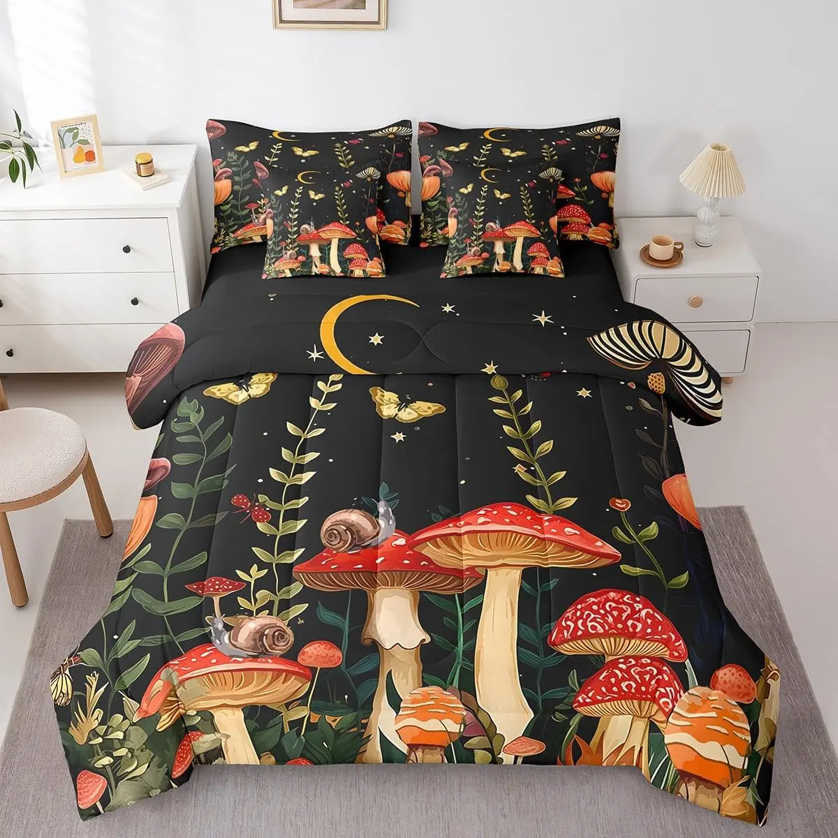 Feelyou 7-Piece Red Mushroom Botanical Bedding Set - Breathable Duvet Set with Reversible Comforter, Pillowcases, Flat Sheet, Fitted Sheet and Decorative Cushion Cover, Decorative Bedding Set
