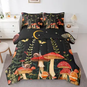 Red Mushroom 7 Piece Bedding Set,Botanical Plant Bedding Set with Reversible Comforter,Pillowcases,Flat Sheet,Fitted Sheet and Cushion Cover