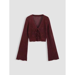 Cider [6 colors, size 2-26] Solid Hollow Out Knit Knotted Cardigan