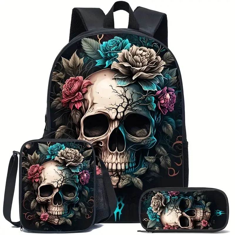 Skull Black Backpack 3 Piece Set Including Lunch Bag, Pencil Case Suitable for Teenagers