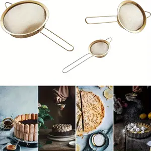 Strainer Set Fine Mesh – Premium 304 Stainless Steel – 8″, 5.5″ and 3.3″ Sturdy Kitchen Strainers (3 Pack Gold)