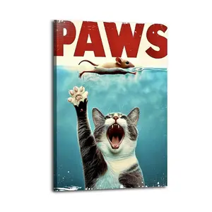 -Funny Cat Parody Of Jaws Canvas Aesthetic For The Bedroom Wall Sitting Room Dormitory Wall Office Wall Poster Decorative Painting Canvas Wall