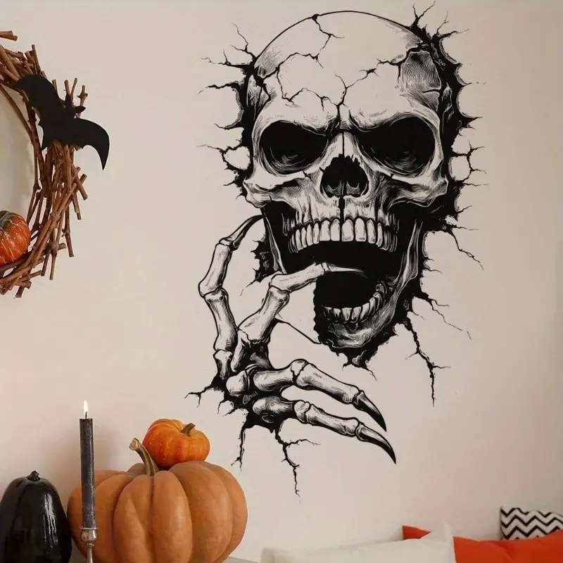 Halloween Party Decorative Wall Sticker, Dark Horror Skull Decal Design, Suitable for Living Room, Bathroom, Bedroom, Office, Halloween Decoration Gift