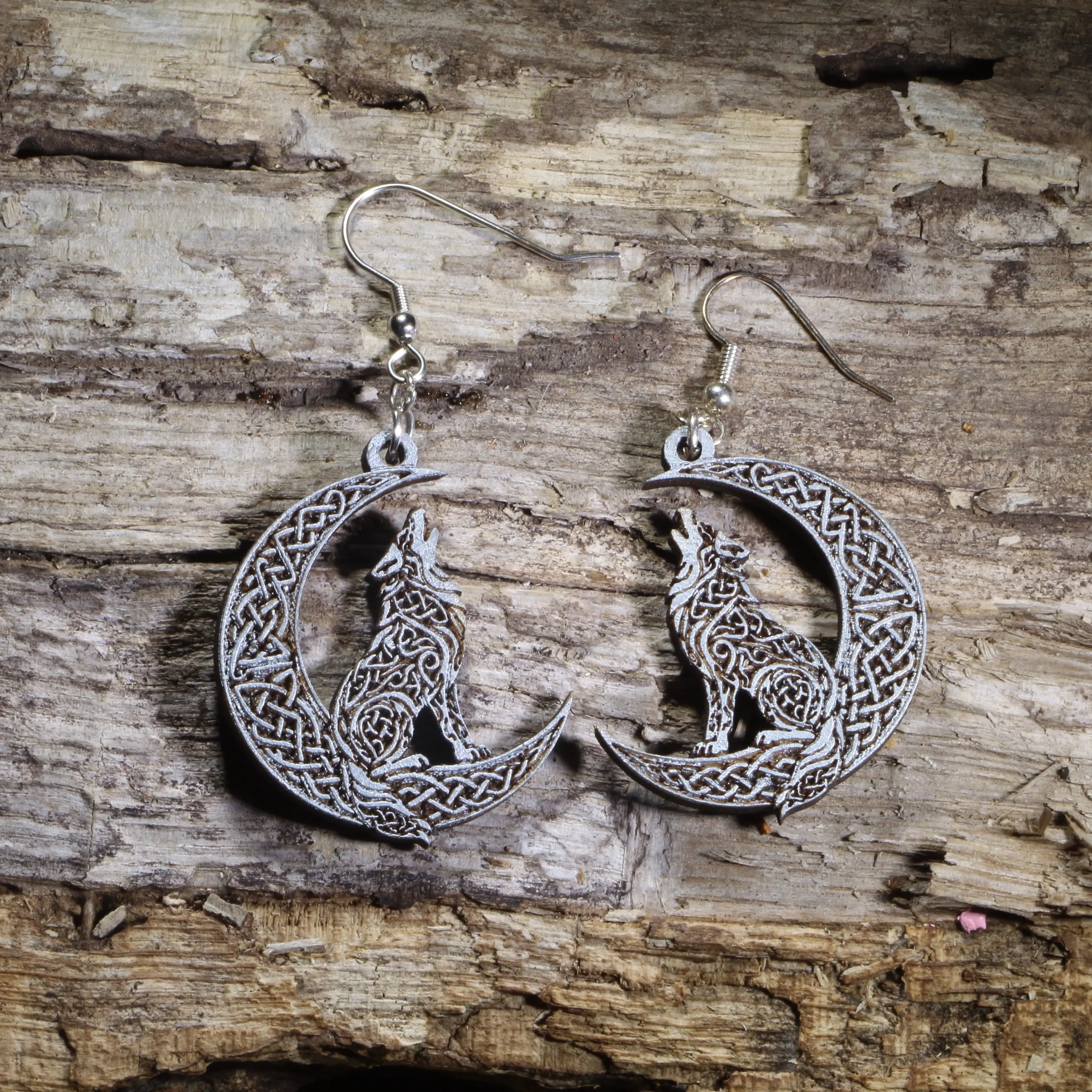 Celtic Wolf Moon Wooden Dangle Earrings | Norse Mythology Jewelry
