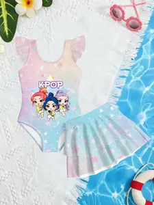 K-Pop Girl Group Anime Q Version Swimsuit, Girls' Gradient Star Skirt Swimwear, Cute Slim-Fitting Bathing Suit