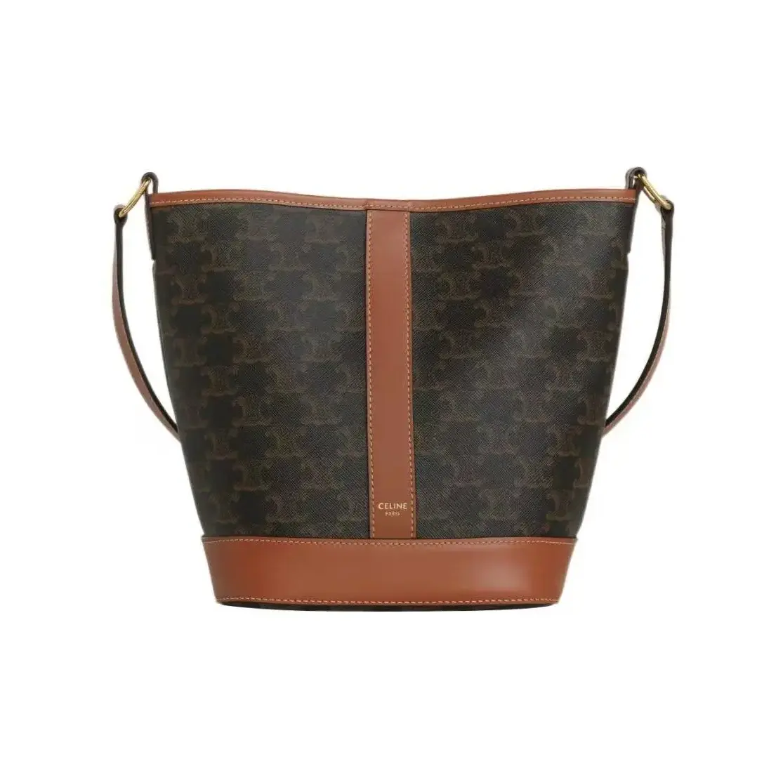 Pre-owned Leather Crossbody bags Celine Small Triomphe Bucket Bag Tan Triomphe Canvas & Calfskin Crossbody Bag