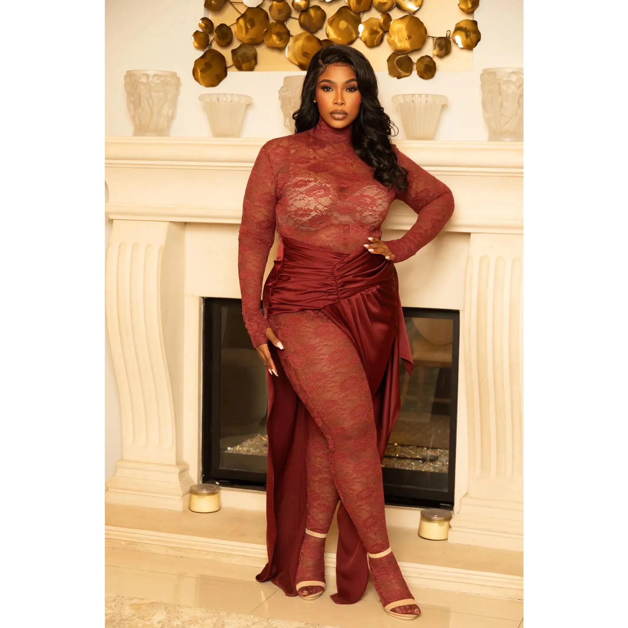 Fall in Love Wine Red Lace Catsuit for Curve and Plus Size