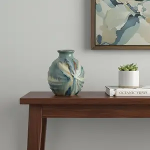 360 stand 11 in. Reactive Glaze Abstract Round Ceramic Table Vase, Blue Beige Brown Transitional Table Decor, Home Decor Gift for Home Supplies