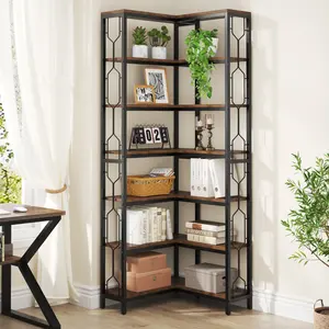 LITTLE TREE Corner Shelf, 7-Tier Industrial Corner Bookshelf, Wood and Metal Etagere Bookcase, Freestanding Display Shelf for Living Room, Kitchen, Home Office