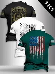 Men's Flag Series Short Sleeve Casual T-Shirts Set, Summer Fashion Outdoor Travel Tees, 3 Pack Fitted Style, Moderate Fabric