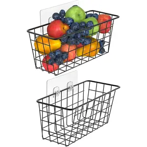 Hanging Kitchen Baskets For Storage Adhesive Small Wire Storage Baskets No Drilling Wall Mounted Shelf with Kitchen Food Pantry Bathroom Shelf Storage, 2 PACK, Black