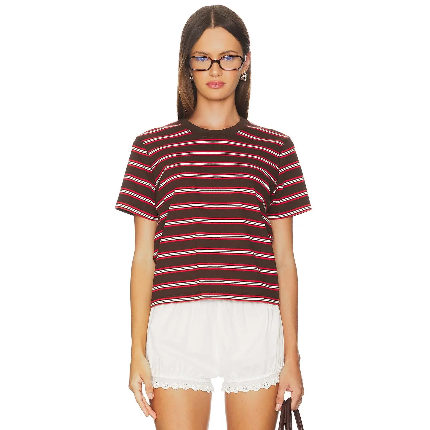 La Ligne Multi Striped Boyfriend Tee in Chocolate & Poppy & Cream