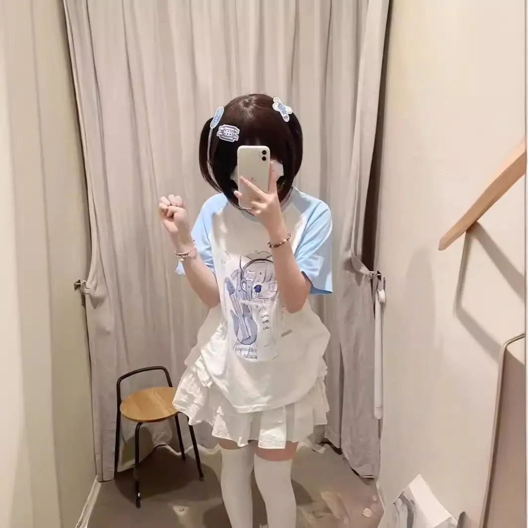 Raglan Short‑Sleeve Top Cartoon Character Graphic Blue‑White Color Block Loose Casual Tee