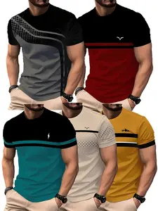 Men's Fashion Casual Classic Short Sleeve T-Shirt Set, Striped Gradient Color Summer Round Neck Quick-Dry Breathable Tee, Slim Fit No Collar