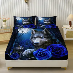 3pc Wolf and Blue Rose Bedding Set, bedsheet sets, including 1 sheet and 2 pillowcases (without filling material), a gift for friends, suitable for single beds, double beds, and very suitable for bedrooms, dormitories, guest rooms and hotel apartments.