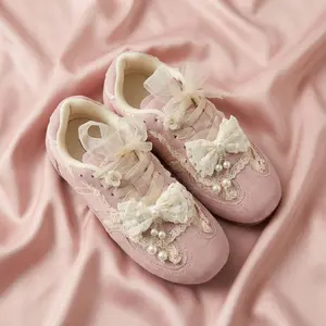 Porcelain Petal Bloom Blush Pink Bow Sneakers - Women's