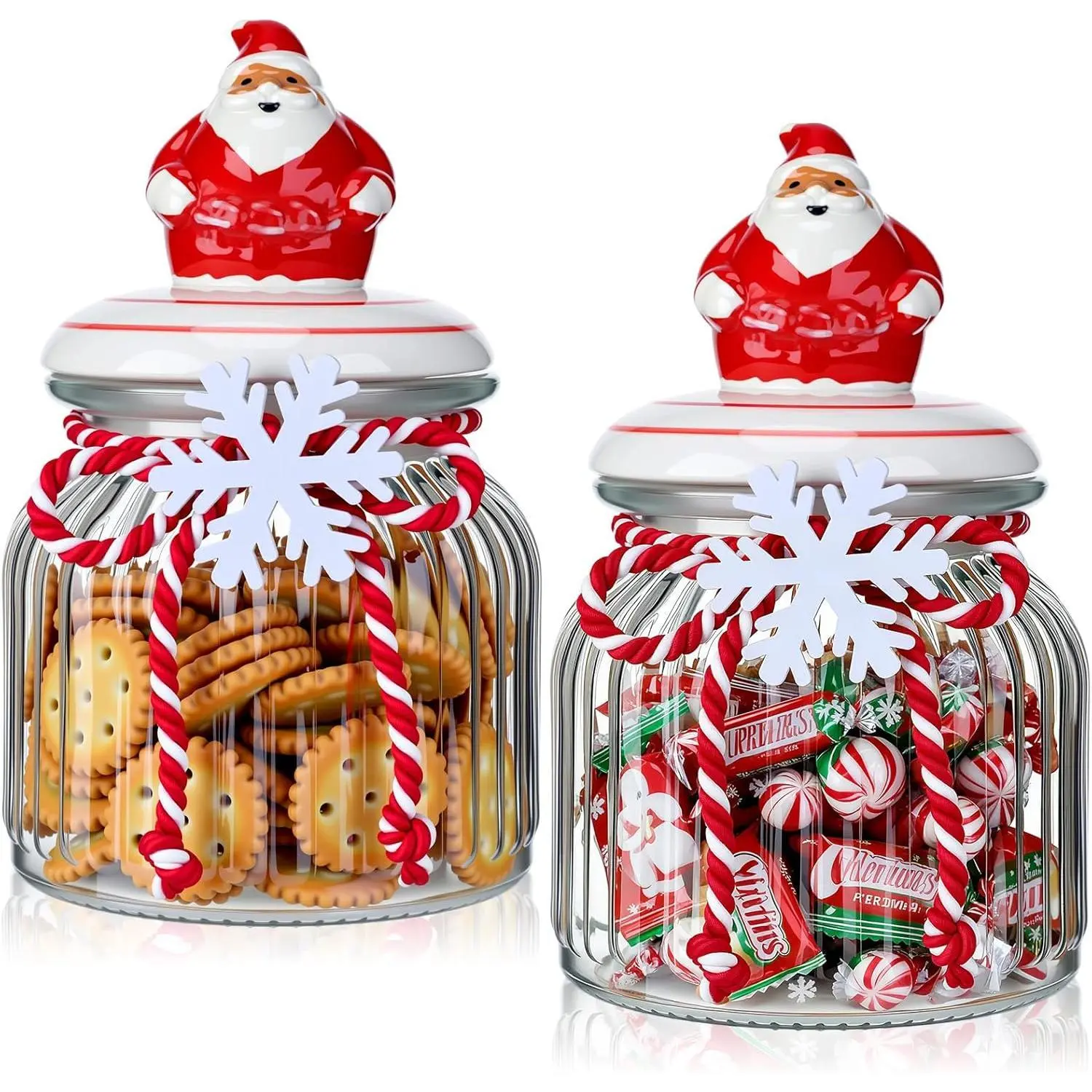 2 Pcs Christmas Glass Storage Jars with Lid Santa Claus Cookie Jars Christmas Candy Jar Glass Food Storage Canisters Holiday Candy Storages Can for Kitchen Holiday Table Centerpieces(25oz)