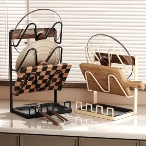 Walnut Wood Kitchen Pot Lid Rack, Multi-Layer Countertop Organizer, Utensil Holder, Cutting Board Storage, Space Saving Design