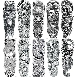 10 Pcs Skull Temporary Tattoo Stickers, Waterproof Sweatproof Design, Rose Dragon Clock Patterns, for Men Women Arms Legs Body Art Halloween Party Accessories