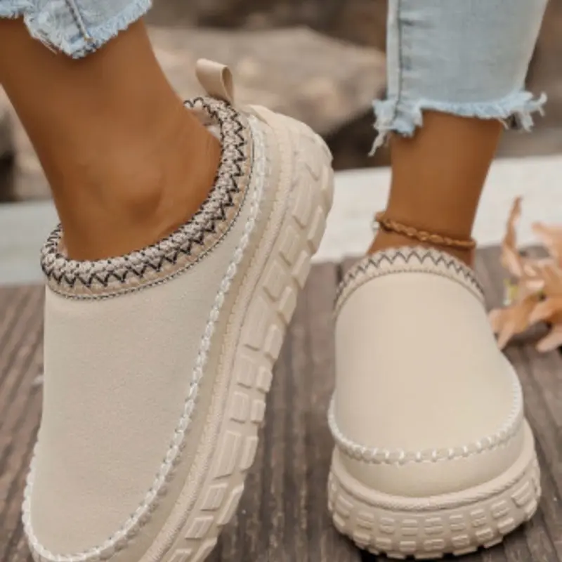 Suede Beach Clog Shoes - Beige Slip-On with Embroidered Detailing and Textured Sole Design