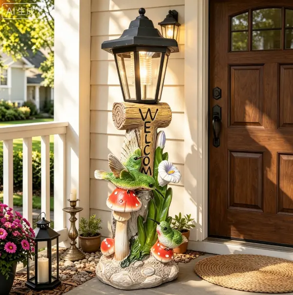 Hummingbird Trunk Mushroom Solar Street Lamp - Waterproof Durable Outdoor Decor Statue, Suitable for Garden, Patio, Front Door Landscaping, Ideal for House Floor, Glass Windowsill Use, Resin, Solar Stake