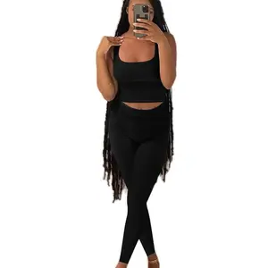 Casual Workout Sets Two Piece Outfits for Women Ribbed Crop Tank Top High Waist Yoga Leggings Active Wear