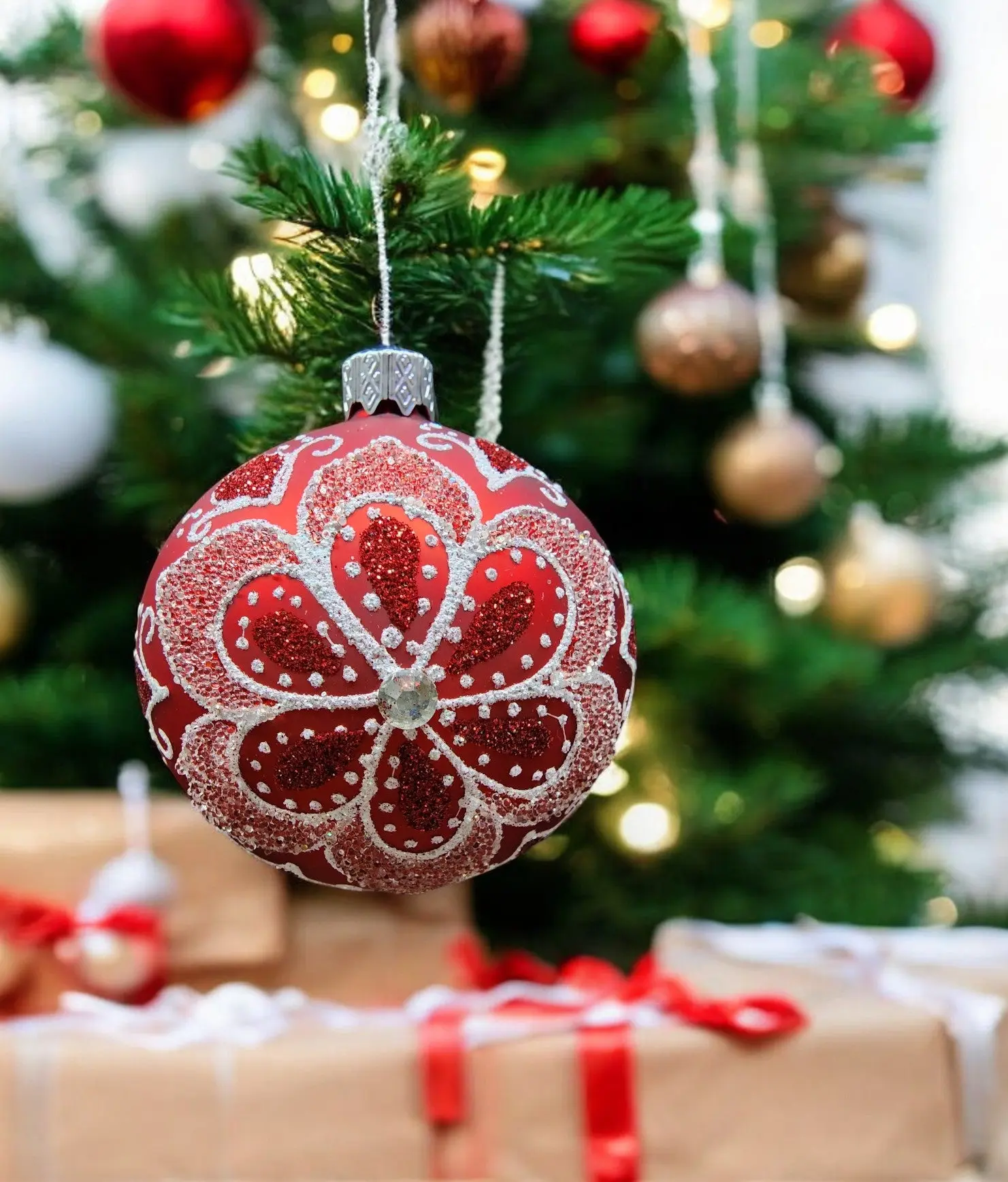 Red Blown Glass Ornament - Handcrafted - Big Flower Design