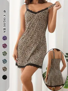 Women's Leopard Print Lace Sleepwear Loungewear Set, Sexy V Neck Nightgown & Robe Combo, Comfortable Soft Fabric, Perfect Gift Idea
