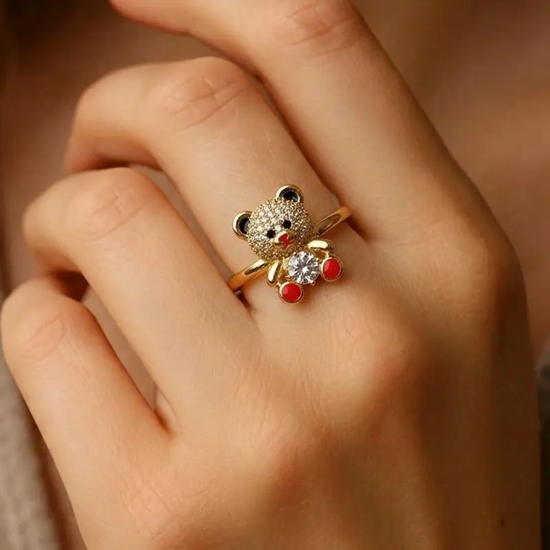 18K Gold Metal Coating Teddy Bear Ring, Casual Unisex Female Everyday Jewelry with Sparkling Red & White Details