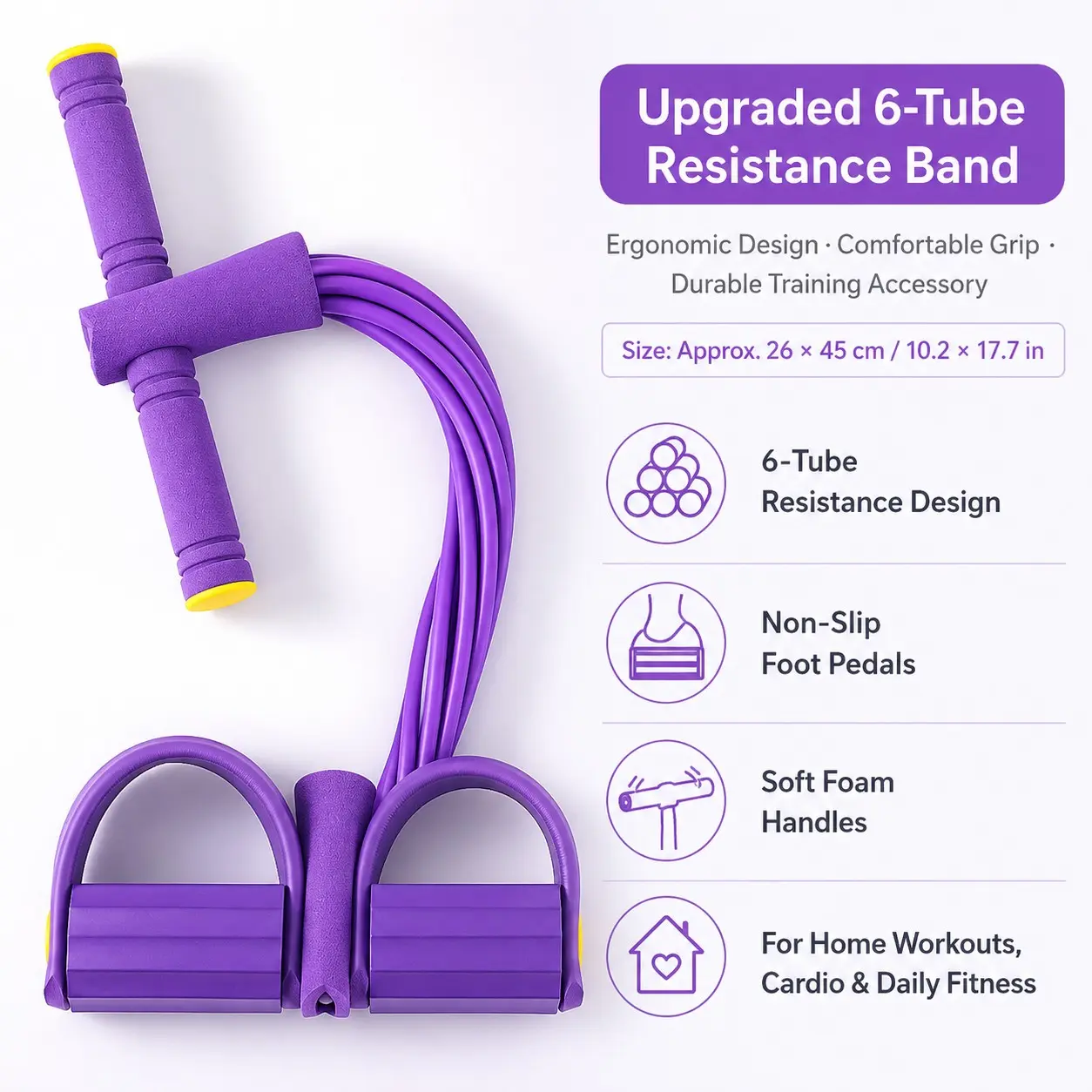 6-Tube Pedal Pull Exerciser, Home Resistance Band Fitness Equipment with Foam Handles and Non-Slip Foot Pedals, Elastic Training Band for Arms, Abs, Back and Legs, Home Workout Band