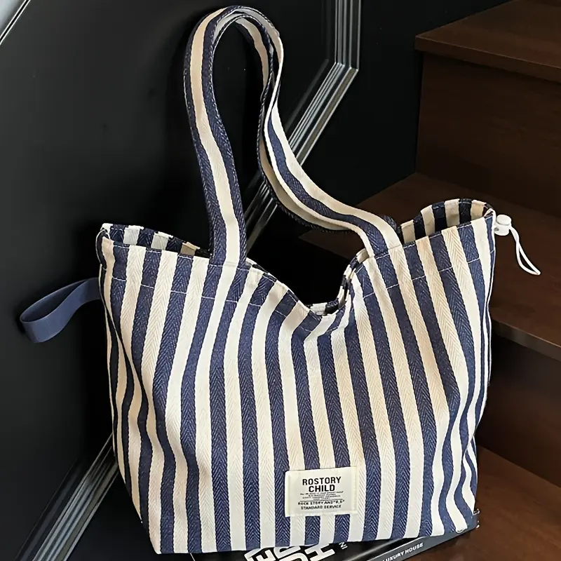 Women's Korean Style Striped Tote Bag, High-Capacity Waterproof Synthetic Shoulder Bag in Blue & White, Beach Girl Aesthetic with Drawstring, Hand Wash Only, Double Handle, Casual, Beach Style Women's Tote Bags