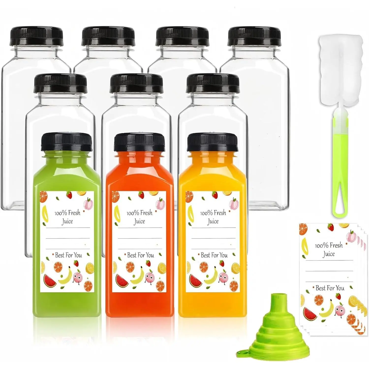 Plastic Juice Bottles with Caps 10 count 12oz,  Juice Containers with Tamper Proof  Black, Clear Bottles for Juicing, Milk, Smoothie Bottle, Drinking with 10 count Labels & Bottle Brush
