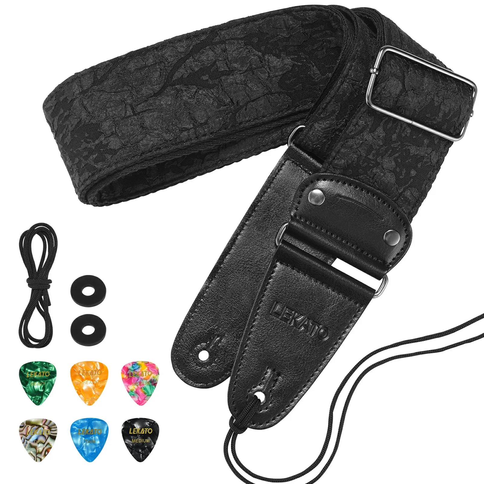 LEKATO LGS-7 Guitar Strap, Guitar Straps for Electric Bass Acoustic Guitar, Anaglyph Embossed Floral Pattern, 2.5″ Wide Bass Strap Padded Guitar Straps with Picks & Blocks, Cable Fixing