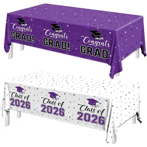 2026 Graduation Decorations,Congrats Grad Tablecloth 2pcs White Purple Class of 2026 Table Covers Rectangle for Graduation Party Supplies,108x54inch(Purple)