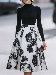 Women's Fashion Elegant Chic Solid Color Long Sleeve Fitted Top and Floral Print High Waist Skirt Set, Stylish Casual for Daily Wear, Perfect for Spring and Fall