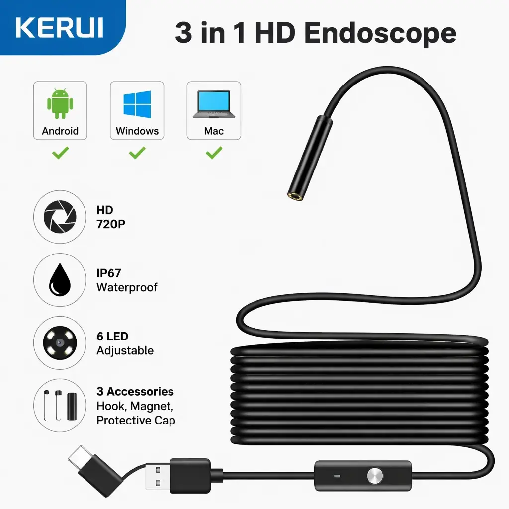 7MM Android Endoscope Camera - 3-IN-1 Micro USB-Type C Borescope, Waterproof Mini Camera with LED Lights for Mobile Phone Lens Attachment
