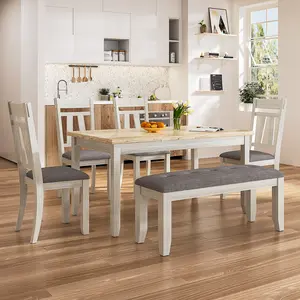 VECELO 5 Piece Dining Table Set, Solid Wood Dining Table With 2 Drawer Storage Table And 4 Chairs (1 Bench) Set Rubber Wood Kitchen Dinette Set For Dining Room, Living Room